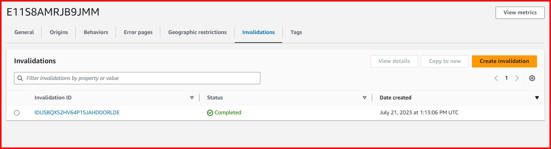 Picture showing the Cloud invalidation created in AWS CloudFront
